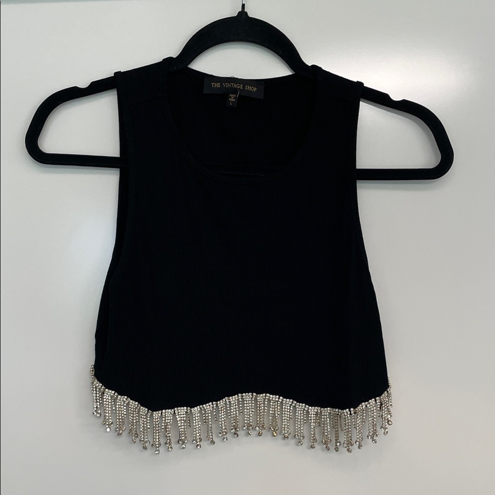 The Vintage Shop, Large, rhinestone fringed boho cropped black tank, no flaws